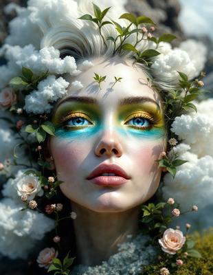 The primary subject of the image is a woman with a flower crown on her head. She is wearing makeup and has a green and blue eye shadow. The setting is a garden, with flowers surrounding her. The visual style is a digital art, and the colors and mood are vibrant and lively.